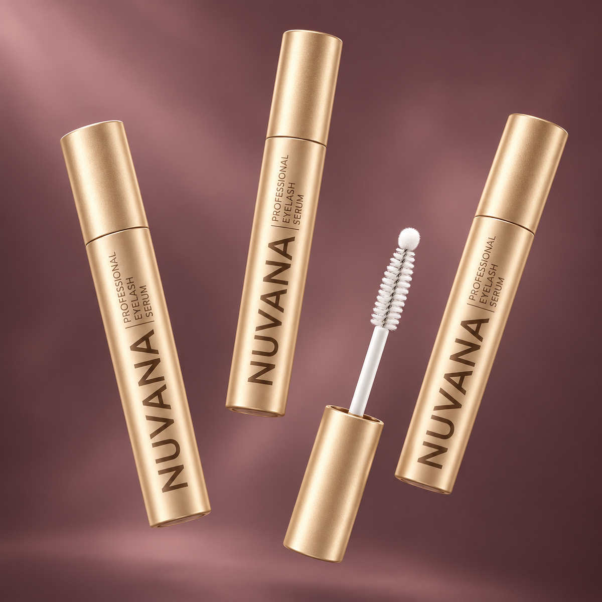 Gold Nuvana Professional Eyelash Serum bottles and applicator